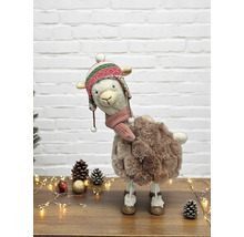 Dekorative Lama-Figur mit Strickmütze und Schal, Weihnachtsdekoration mit Tannenzapfen und Lichterkette.