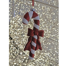 Weihnachtsbaumanhänger in Form einer Zuckerstange mit rot-weißem Streifenmuster, Glitzer und einer dekorativen Schleife.