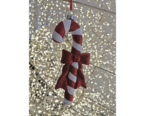 Weihnachtsbaumanhänger in Form einer Zuckerstange mit rot-weißem Streifenmuster, Glitzer und einer dekorativen Schleife.
