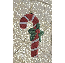 Weihnachtsbaumanhänger in Form einer Zuckerstange mit rot-weißen Streifen, Glitzer und Stechpalmen-Verzierung.