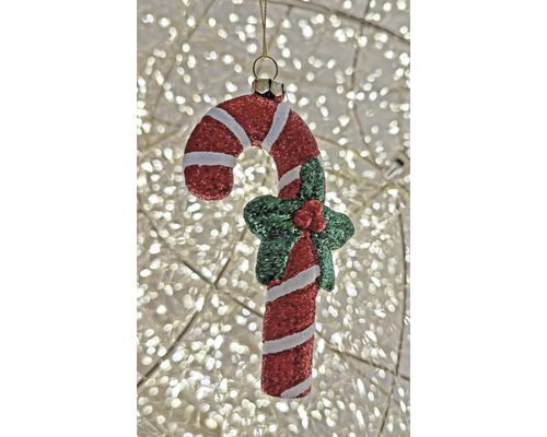 Weihnachtsbaumanhänger in Form einer Zuckerstange mit rot-weißen Streifen, Glitzer und Stechpalmen-Verzierung.