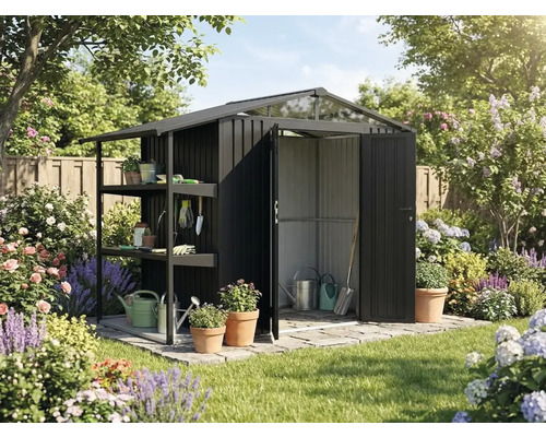 Abri de jardin moderne en métal gris foncé avec étagères dans un jardin lumineux et bien organisé avec fleurs et pelouse.