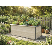 Potager surélevé aspect bois avec cadre en métal foncé, planté de tomates et d'herbes dans un jardin lumineux et organisé.