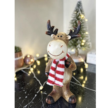 Dekofigur Rentier mit rot-weiß gestreiftem Schal und braunem Geweih, stehend, Weihnachtsdekoration.