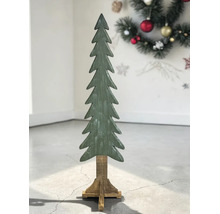 Schmaler dekorativer Weihnachtsbaum aus grün gestrichenem Holz mit rustikalem Finish auf einem hölzernen Standfuß.