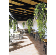 Künstliche Hängepflanzen über einer hellen Terrasse mit Holztischen und Metallstühlen.