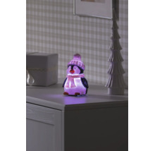 Pingouin décoratif à LED avec bonnet et écharpe, illuminé sur un buffet à côté d'un sapin décoratif et d'un cadeau.