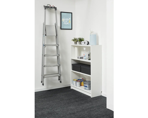 Rangement organisé avec une étagère blanche et un escabeau en aluminium au mur, avec des pots de peinture et des boîtes de rangement.