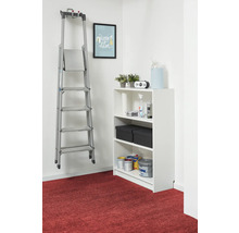 Espace de rangement organisé avec un escabeau en aluminium sur un support mural et une étagère blanche avec des boîtes et des pots de peinture.