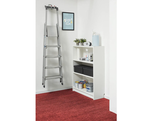 Espace de rangement organisé avec un escabeau en aluminium sur un support mural et une étagère blanche avec des boîtes et des pots de peinture.