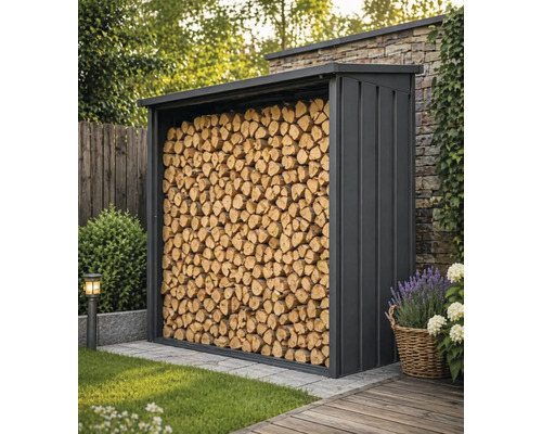 Abri à bûches moderne en métal anthracite rempli de bois de chauffage empilé dans un jardin à côté d'un mur en pierre.