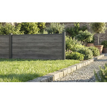 Clôture de protection visuelle aspect bois avec panneaux horizontaux et poteaux métalliques foncés dans un jardin avec pelouse et bordure.