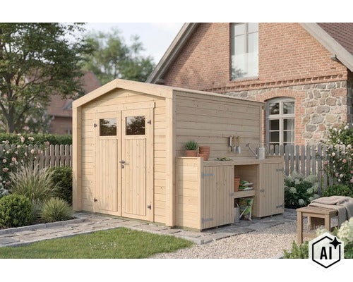 Abri de jardin en bois avec double porte et étagère intégrée dans un jardin soigné devant une maison. (Image AI modified or generated)