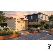 Abri de jardin en bois avec porte double dans un jardin moderne avec jardinières et dalles en pierre au crépuscule. (Image AI modified or generated)