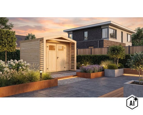 Abri de jardin en bois avec porte double dans un jardin moderne avec jardinières et dalles en pierre au crépuscule. (Image AI modified or generated)