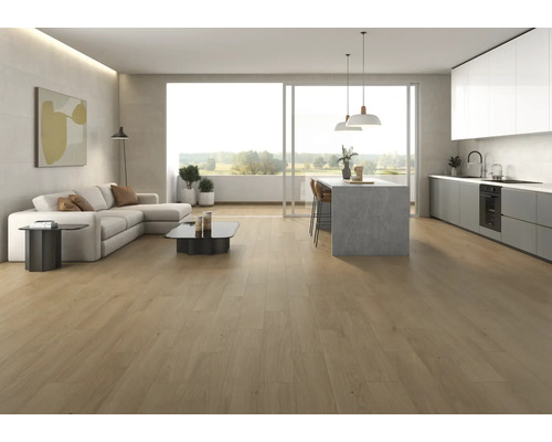 Salon et cuisine modernes et lumineux avec sol aspect bois, canapé et îlot de cuisine.