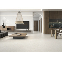 Salon moderne et lumineux avec un revêtement de sol clair, des meubles en bois et une cuisine intégrée.