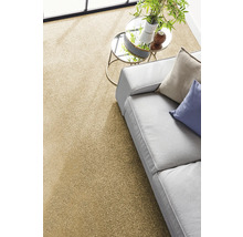 Moderner Wohnraum mit beigem Teppichboden, grauem Sofa mit Kissen und einem runden Beistelltisch mit Glasplatte und Zimmerpflanze.