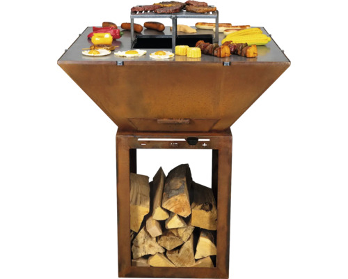 Quadratische Feuerschale aus Metall mit integriertem Holzfach und umlaufender Grillplatte, belegt mit Grillgut.