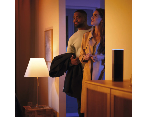 Paar im hell erleuchteten Flur mit Tischlampe und Smart Speaker für intelligente Haussteuerung und gemütliche Atmosphäre.