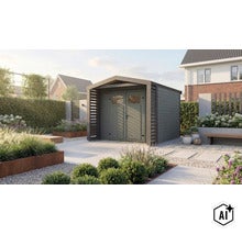 Abri de jardin moderne avec double porte et parois latérales à lames dans un jardin soigné avec terrasse et jardinières en acier corten (Image AI modified or generated)