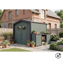 Abri de jardin avec armoire latérale intégrée en bois sur une terrasse devant une maison en brique avec plantes de jardin et sièges. (Image AI modified or generated)