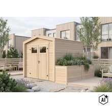 Abri de jardin en bois avec double porte et jardinière intégrée dans un jardin moderne. (Image AI modified or generated)
