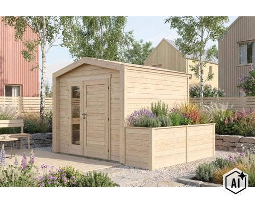 Abri de jardin en bois avec jardinière surélevée intégrée et double porte vitrée dans un jardin moderne (Image AI modified or generated)