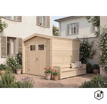 Abri de jardin en bois avec banc intégré, installé sur une terrasse pavée devant une maison. (Image AI modified or generated)