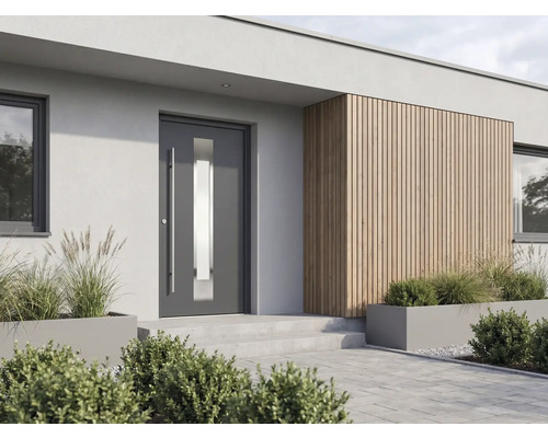 Entrée de maison moderne avec porte d'entrée anthracite munie d'un insert vitré, façade en bois et parvis pavé.