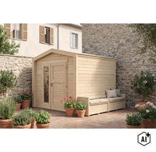 Abri de jardin en bois avec banc intégré, double porte et fenêtre toute hauteur dans un jardin méditerranéen avec mur en pierre et plantes. (Image AI modified or generated)