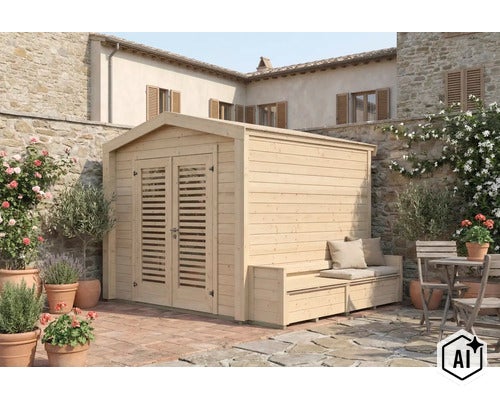 Abri de jardin en bois avec double porte et banc intégré dans un jardin devant un mur en pierre. (Image AI modified or generated)