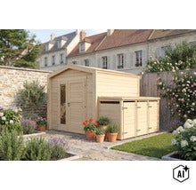 Abri de jardin en bois avec appentis intégré dans un jardin fleuri avec dalles en pierre. (Image AI modified or generated)