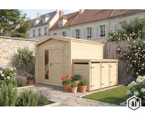 Abri de jardin en bois avec appentis intégré dans un jardin fleuri avec dalles en pierre. (Image AI modified or generated)