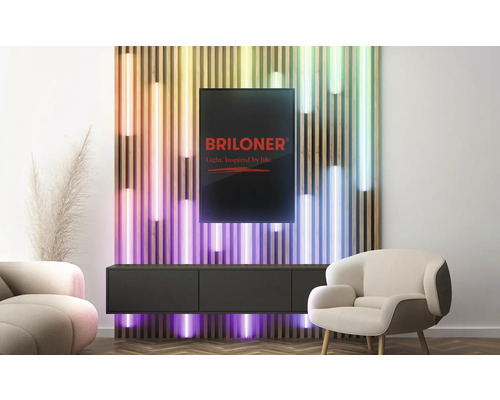Modernes Wohnzimmer mit Holzlamellenwand, integrierter mehrfarbiger LED-Beleuchtung und Briloner Logo auf einem zentralen Paneel.