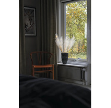 Décoration d'herbe de la pampa à LED dans un vase noir sur un rebord de fenêtre à côté d'une chaise en bois et de rideaux.