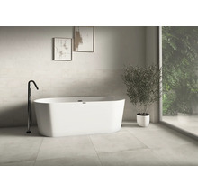 Salle de bains moderne et lumineuse avec une baignoire îlot ovale, un robinet noir sur pied, de grands carreaux et une grande plante.
