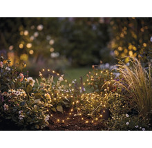 LED-Gartenstecker in Schmetterlingsform mit warmweißen Lichtern in einem Blumenbeet platziert.