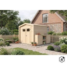 Abri de jardin en bois avec porte double et appentis intégré avec plan de travail dans un jardin soigné devant une maison en briques. (Image AI modified or generated)