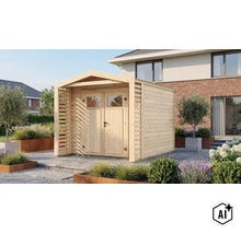 Abri de jardin en bois avec double porte et auvent intégré dans un jardin moderne avec dalles en pierre et plantes (Image AI modified or generated)