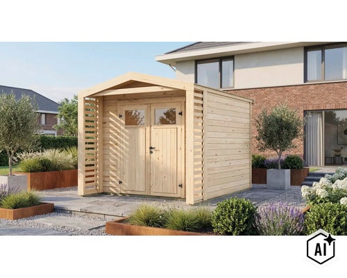 Abri de jardin en bois avec double porte et auvent intégré dans un jardin moderne avec dalles en pierre et plantes (Image AI modified or generated)