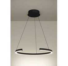 Suspension LED moderne en forme d'anneau, noir, design ouvert avec suspension par câbles fins.
