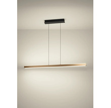 LED-Pendelleuchte im minimalistischen linearen Design mit goldfarbenem Metallstab und schwarzer Deckenbefestigung.