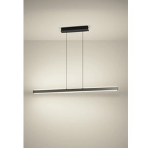 Moderne, lineare LED-Pendelleuchte mit schmalem Lichtstab und rechteckiger Deckenhalterung.