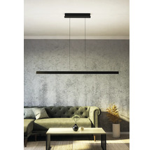 Moderne, lineare LED-Pendelleuchte in Schwarz über einem grünen Sofa in einem Wohnzimmer mit grauer Strukturwand.