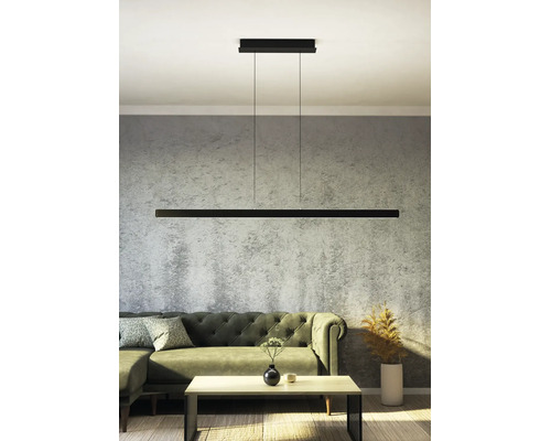 Moderne, lineare LED-Pendelleuchte in Schwarz über einem grünen Sofa in einem Wohnzimmer mit grauer Strukturwand.