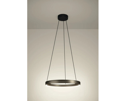 LED-Pendelleuchte in Ringform aus schwarzem Metall mit drei Seilaufhängungen.