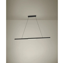 Suspension LED moderne de couleur noire avec une barre lumineuse horizontale étroite et une fixation au plafond rectangulaire.