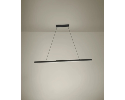 Suspension LED moderne de couleur noire avec une barre lumineuse horizontale étroite et une fixation au plafond rectangulaire.