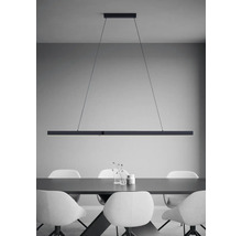 Salle à manger moderne avec une suspension linéaire au-dessus d'une table avec des chaises au design minimaliste.
